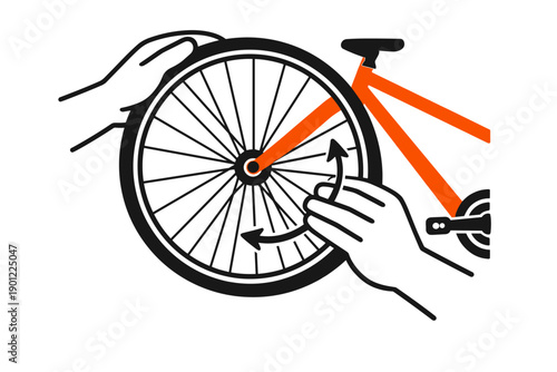 Bicycle wheel maintenance graphic with hands rotating spokes