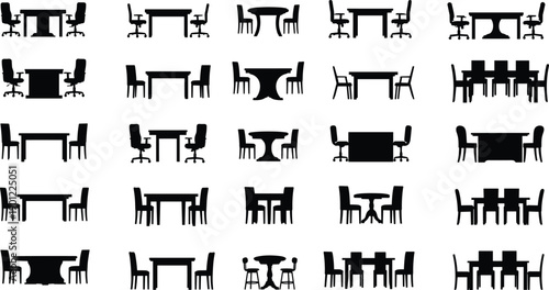 Set of black and white office and dining tables with chairs in minimalist style office table