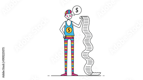 Colorful cartoon man with a dollar sign on his shirt, holding an extremely long, wavy receipt or bill, symbolizing extensive expenses, debt, or a large shopping spree.