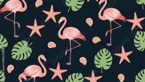 A tropical seamless pattern featuring pink flamingos, starfish, monstera leaves, and seashells on a dark navy blue background.