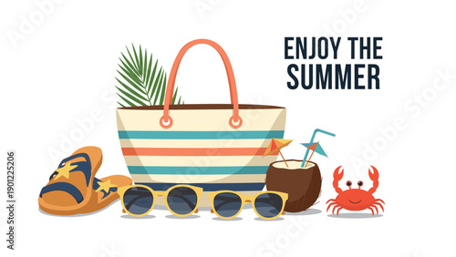 A summer beach composition with a striped bag, sunglasses, flip-flops, a coconut cocktail, and a crab, with 'Enjoy the Summer' text.