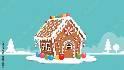 A charming gingerbread house decorated with colorful candies and icing, sitting in a snowy landscape with trees and a blue sky.