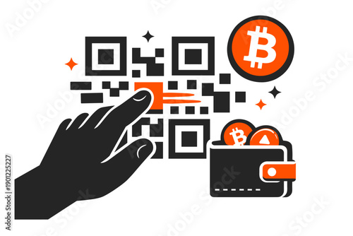 Hand scanning qr code for bitcoin wallet transaction