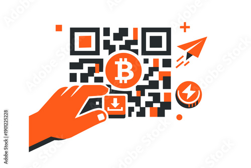 Bitcoin qr code with download icon and hand hovering over cryptocurrency symbol
