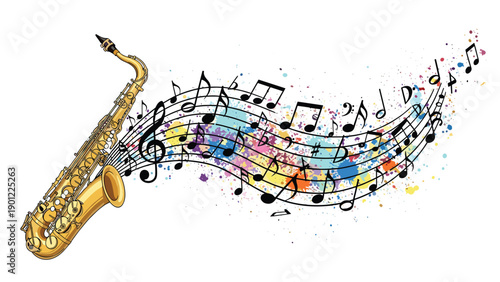 A golden saxophone with a flowing staff of musical notes emerging from it, set against a vibrant watercolor paint splash background.