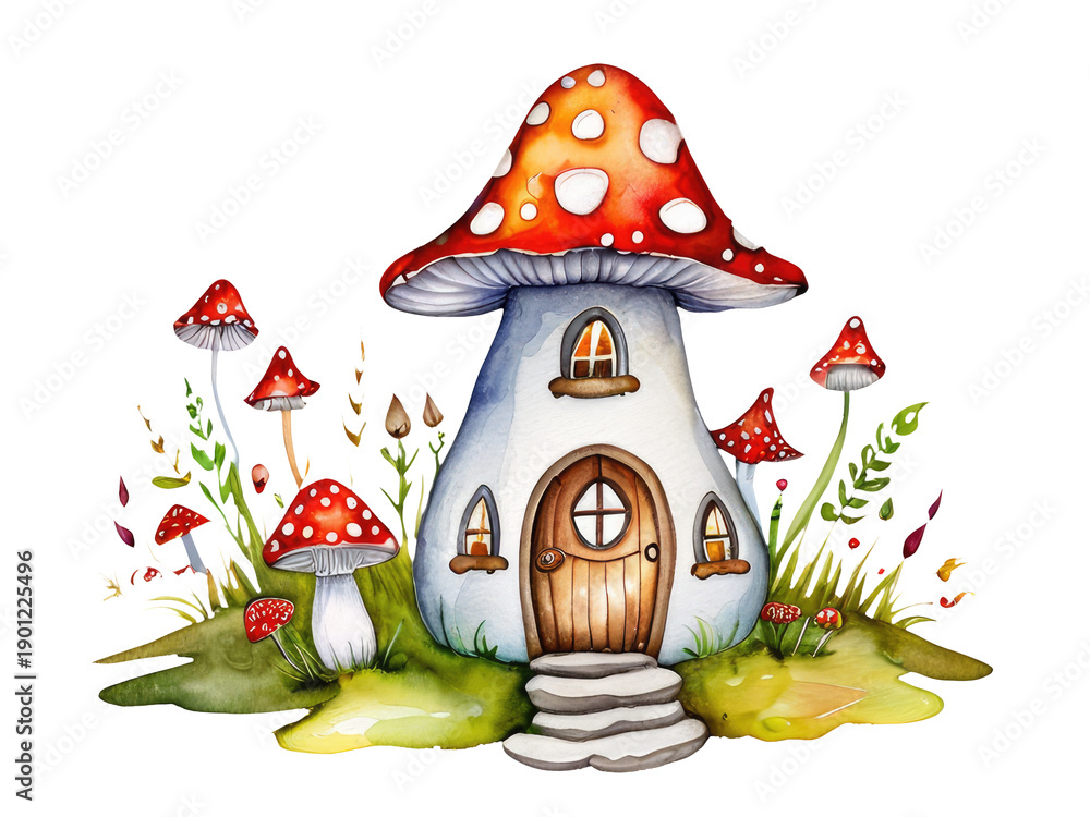Obraz premium A whimsical mushroom-shaped house with a door and steps leading up to it, perfect for fantasy or nature-themed projects