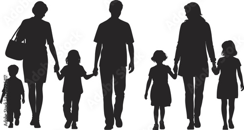 A procession of family silhouettes walking together, parents guiding children, against a bright white background