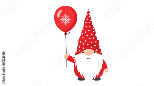 A charming Christmas gnome with a long white beard and a red polka-dot hat, holding a red balloon with a snowflake on it.