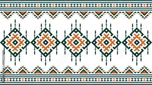 Traditional tribal seamless border pattern featuring ethnic geometric shapes and ornamental details in earth tone colors. Perfect for premium background design, digital paper, fabric design, wrapping 
