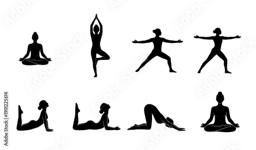 Yoga Pose Silhouette Icon Set with Minimal Human Figures for Meditation Fitness and Wellness Design