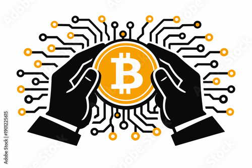 Hand holding bitcoin symbol with circuit design representing cryptocurrency network