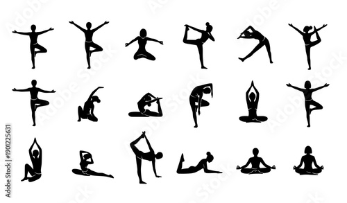 Minimal Yoga Silhouette Icon Collection in Circular Layout for Mindfulness Meditation and Spiritual Design