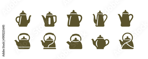 Isolated silhouettes of kettles, teapots, and coffee pots in a set. Abstract logo design. Logotype art - vector on a white backdrop.
