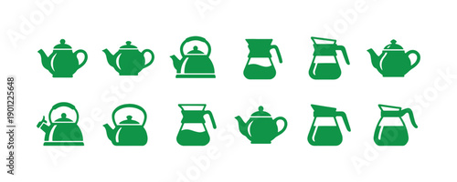 Group of isolated icon silhouettes including kettles, teapots, and coffee pots. Abstract design logo. Logotype art - vector on white.