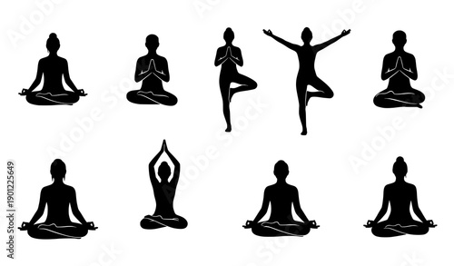 Yoga Silhouette Icon Set in Grid Layout for Fitness Apps Meditation Websites and Wellness Branding