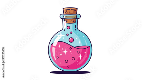 A whimsical cartoon illustration of a round glass flask filled with a sparkling pink magic potion with bubbles and a cork stopper.
