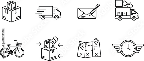 Set of delivery and logistics including boxes, trucks, bicycle, map, and clock packages