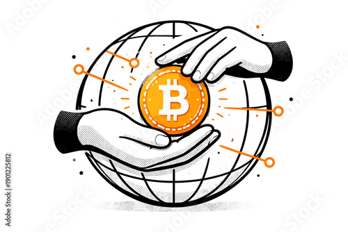 Hands holding bitcoin: global cryptocurrency concept with network connections