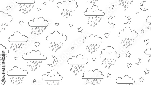 A cute and simple seamless line art pattern with smiling clouds, rain, crescent moons, stars, and hearts for a baby's room.
