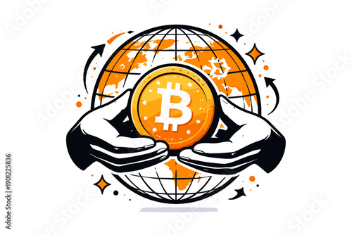 Hands holding bitcoin in front of a global map graphic design