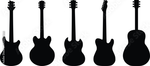 Guitar Back View Silhouette Vector Set, Electric and Acoustic Guitar Rear Side Shapes, Musical Instrument Icon Collection Isolated on White Background