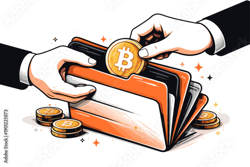 Illustration of bitcoin exchange between two hands and wallet