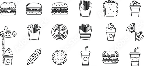 Set of fast food and drink in minimal black and white line style burger sandwich fries