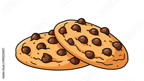 A simple cartoon illustration of two delicious, freshly baked chocolate chip cookies, isolated on a clean white background for design.