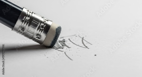 Close-up of a rubber eraser actively scrubbing and removing graphite pencil marks from crisp white paper, illustrating correction and mistake removal ,mistake ,education ,learning