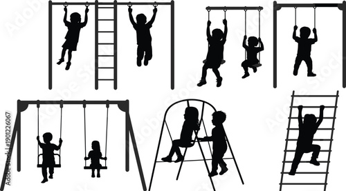 Collection of silhouettes of children engaged in various playground activities including climbing and swinging on different structures
