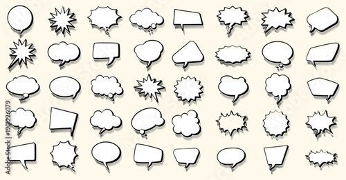 Set of comic style speech bubbles, thought clouds, and burst shapes in black and white. Hand drawn cartoon elements for comics, stickers, UI, social media, and creative designs.