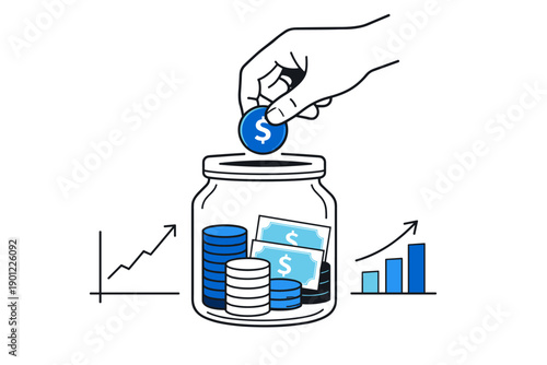 Hand placing coin in savings jar with graphs showing financial growth