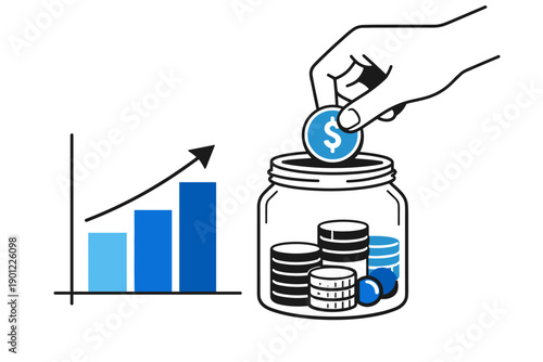 Growing financial savings: hand placing coin in jar with rising graph
