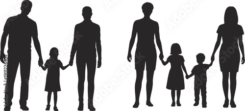 Diverse family silhouettes of parents and children holding hands in various compositions against a clean white background