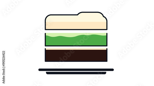 Minimalist Layered Dessert Illustration. Stylized Icon of Three-Layer Cake or Parfait with Cream, Green, and Brown Strata.