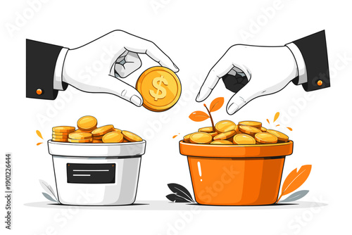 Financial growth concept with hands planting and collecting coins
