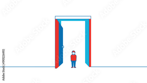 Tiny Man Facing Huge Open Doorway: Opportunity, Future Entrance, New Beginning, Scale Concept Vector Illustration.