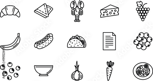 Set of food including croissant, sandwich, lobster, cheese, grapes, banana, hot dog, taco, document, berries, bowl, onion, carrot, pizza