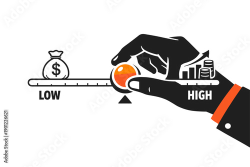 Hand adjusting financial scale with money symbols representing low to high investment
