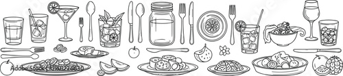 Set of food, drinks, and utensils in minimalist line style line plate