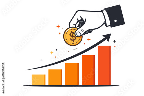 Hand putting coin on growing bar graph with arrow symbolizing financial growth