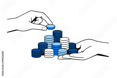 Two hands stacking blue and white coins illustrating financial cooperation