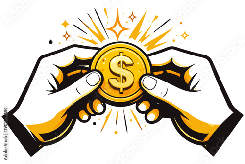 Hands holding shining gold coin with dollar symbol