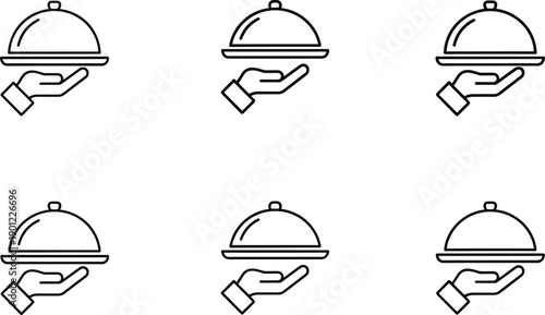 Restaurant cloche serving icons set representing food service catering hospitality waiter tray vector illustration outline design minimal modern