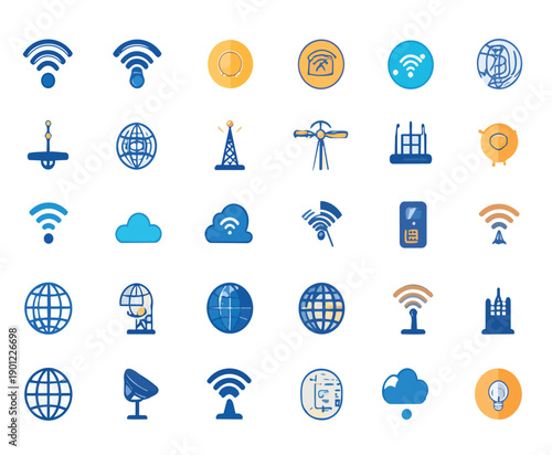 Modern technology icon set with wifi symbols, cloud network, satellite dish, router, mobile device and antenna towers.