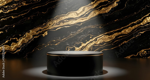 Luxury black podium with gold marble background and stage spotlight