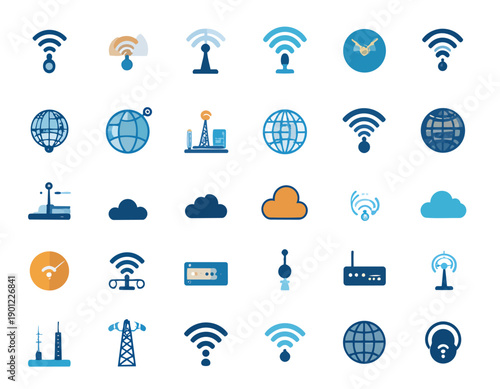 Wireless network and cloud technology icon set with wifi signal, router, antenna and globe symbols.