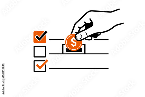 Hand placing coin in donation box with checkmarks