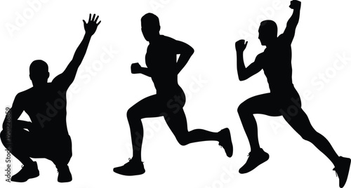 Fitness training silhouettes showing squat, running lunge, and jump exercises, dynamic athletic workout poses isolated on white background for strength cardio endurance