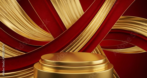Luxury Golden Podium with Abstract Red and Gold Ribbon Background